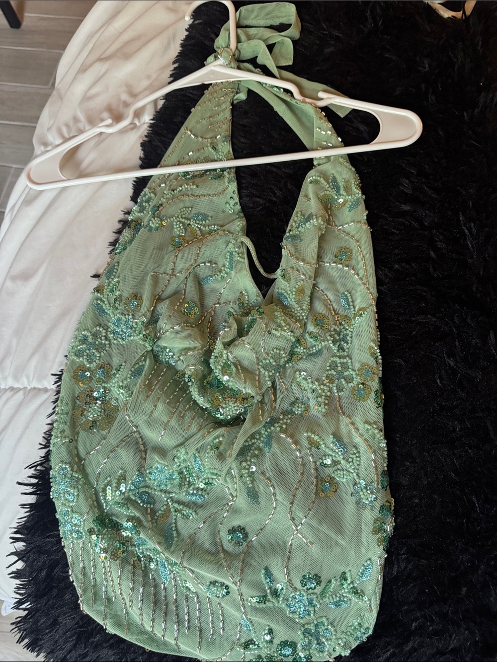 Kids Green Beaded Halter One-Piece